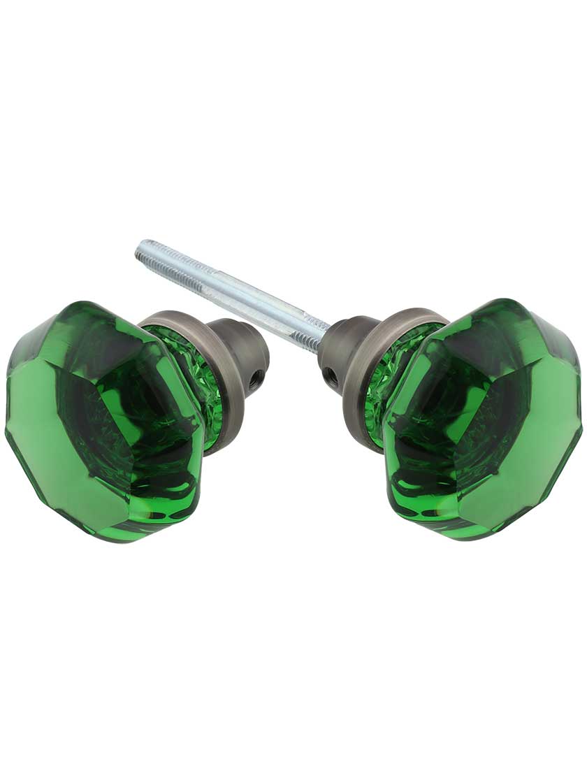Pair of Emerald Octagonal Crystal Glass Door Knobs
